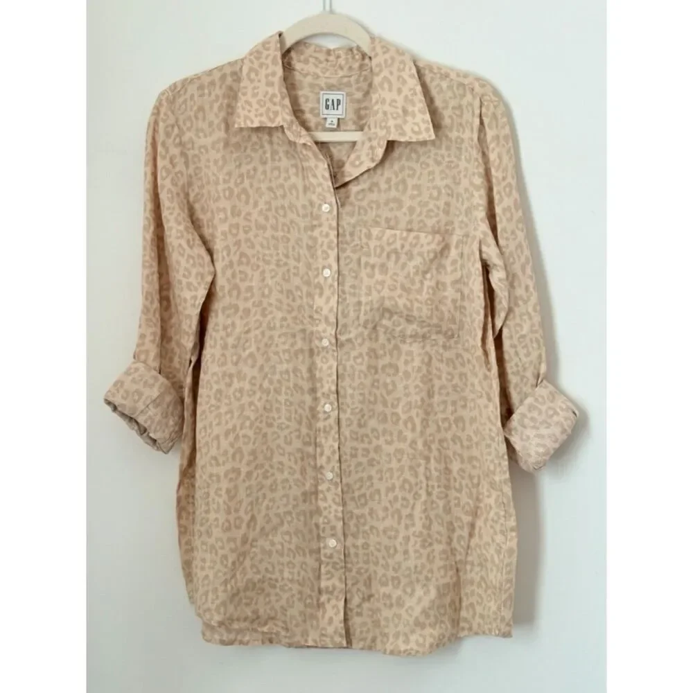 Gap 100% Linen Animal Print Shirt Women's Size Small New Neutral Classic N64 - Picture 2 of 14